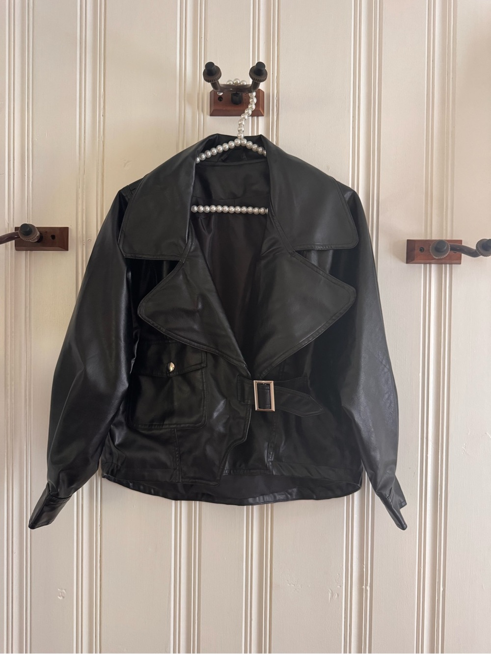 Women's Black Faux Leather Belted Jacket